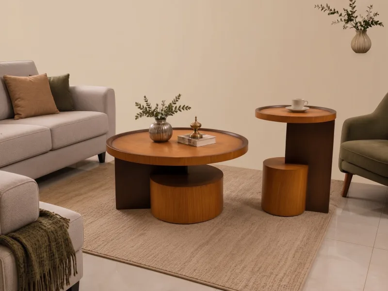 طقم طاولات وخدمة دائرية مودرن بتصميم انسيابي وقواعد متداخلة